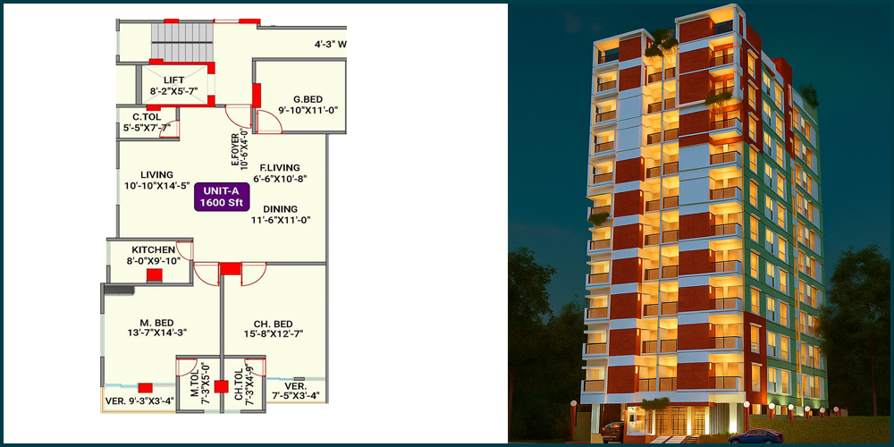 SS Tower 3 Bed 1st  Floor Unit A 1600 SFT